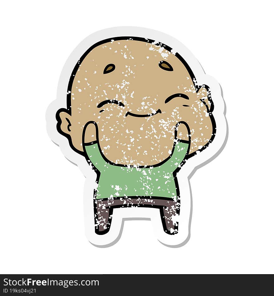 distressed sticker of a cartoon happy bald man