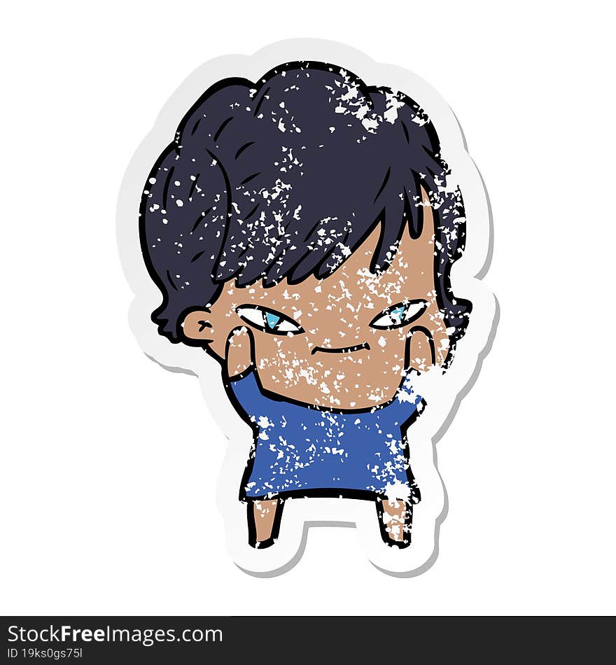 distressed sticker of a cartoon happy woman