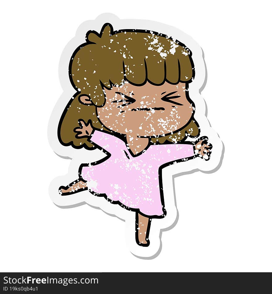 distressed sticker of a cartoon angry girl