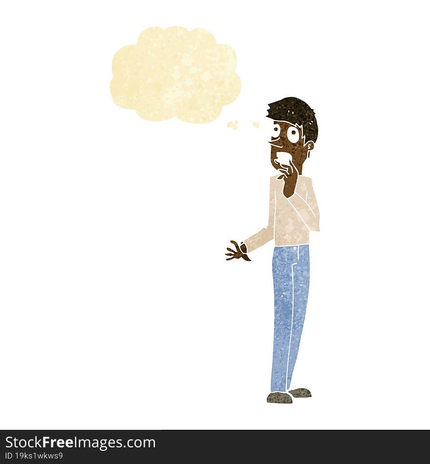 cartoon worried man with thought bubble