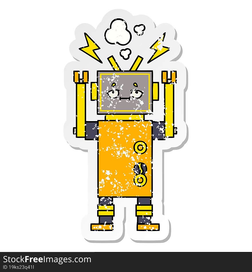 distressed sticker of a cute cartoon malfunctioning robot