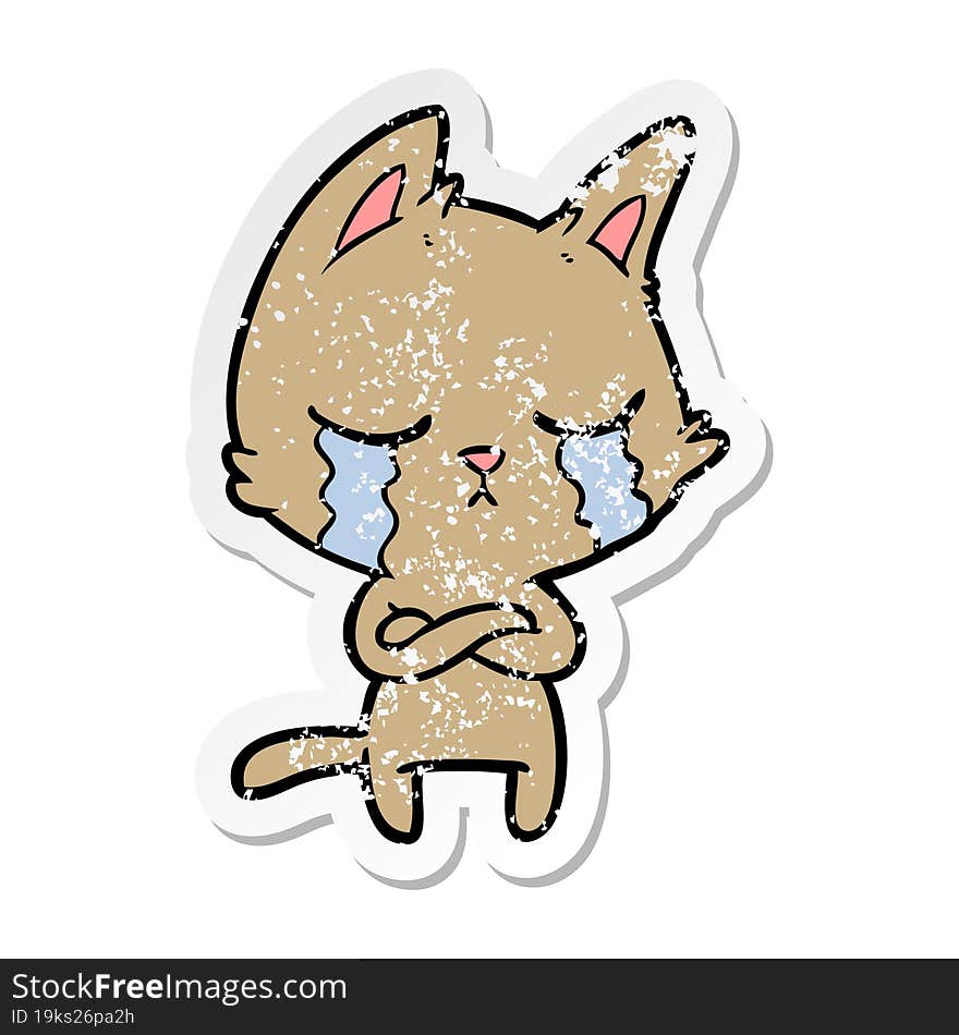 distressed sticker of a crying cartoon cat with folded arms