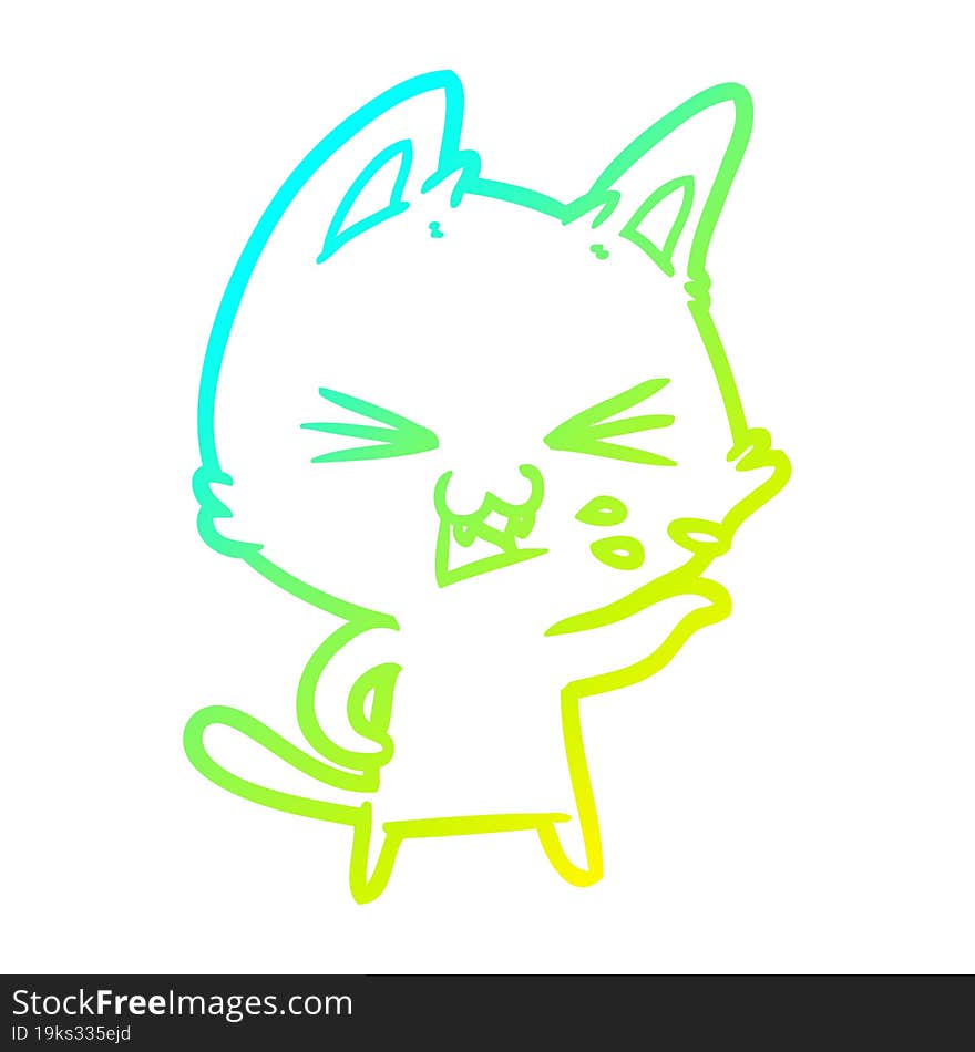 cold gradient line drawing of a cartoon cat hissing