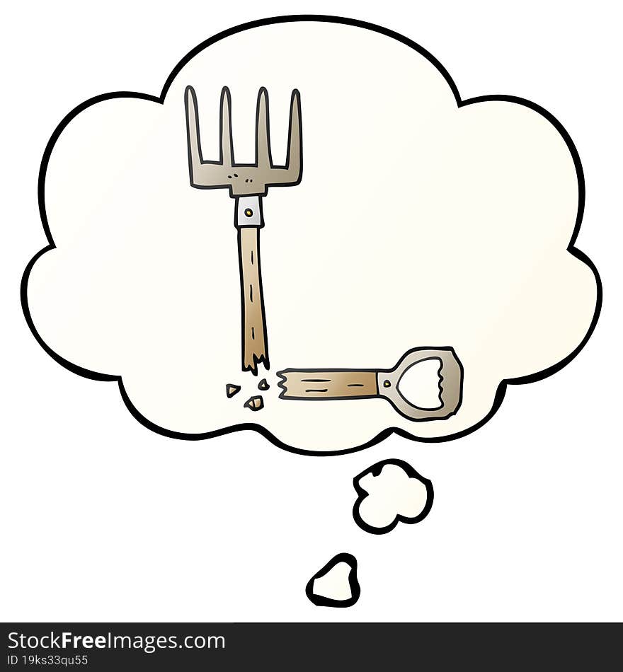 cartoon broken pitchfork with thought bubble in smooth gradient style