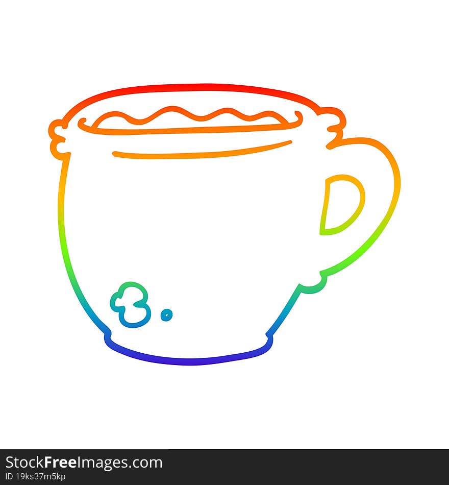 rainbow gradient line drawing of a cartoon hot cup of coffee