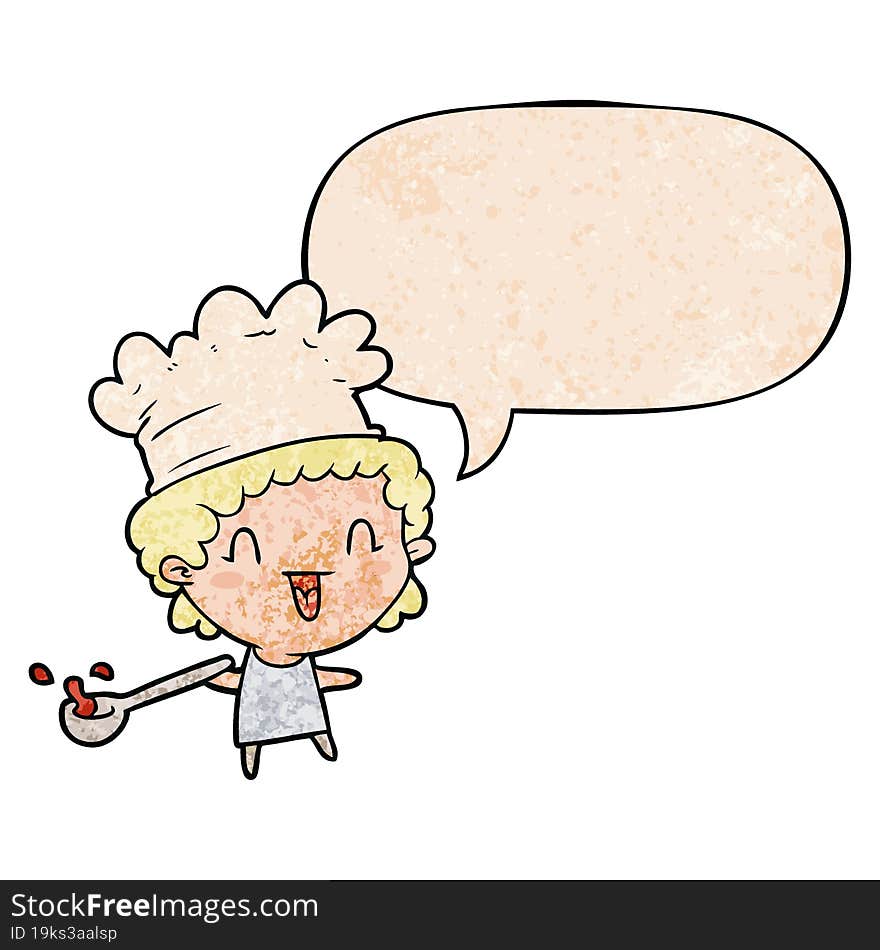 cute cartoon happy chef and speech bubble in retro texture style