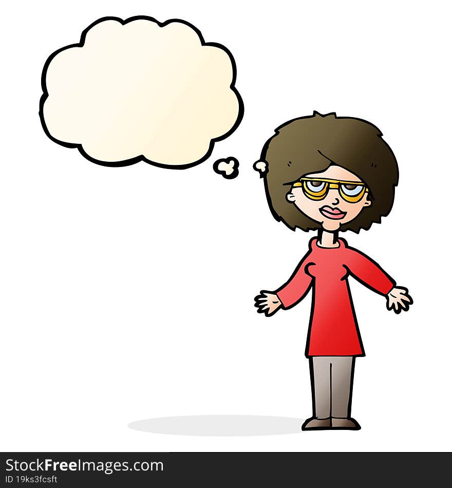 cartoon woman wearing glasses with thought bubble