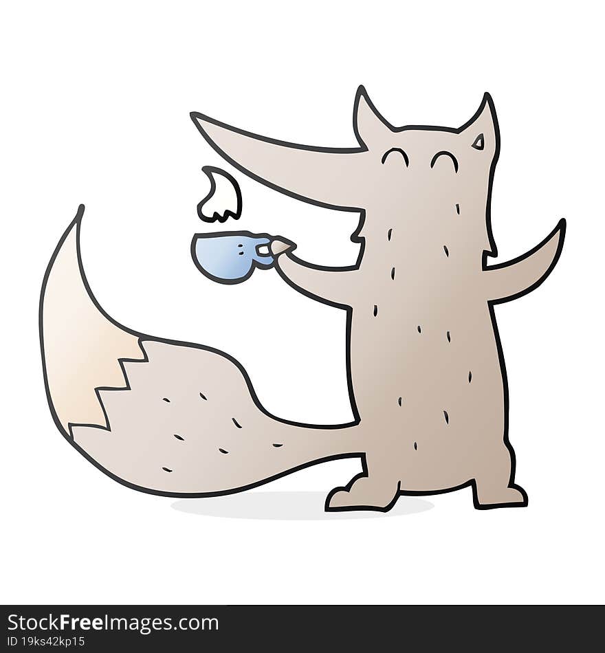 freehand drawn cartoon wolf with coffee cup