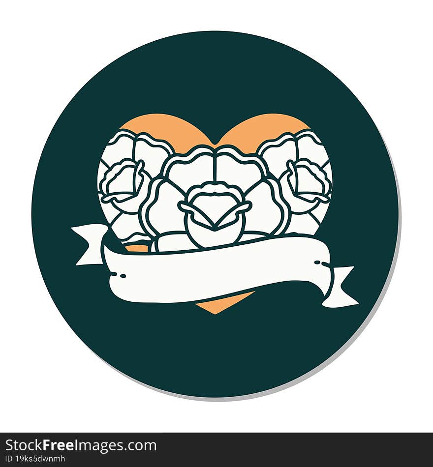 sticker of tattoo in traditional style of a heart and banner with flowers. sticker of tattoo in traditional style of a heart and banner with flowers