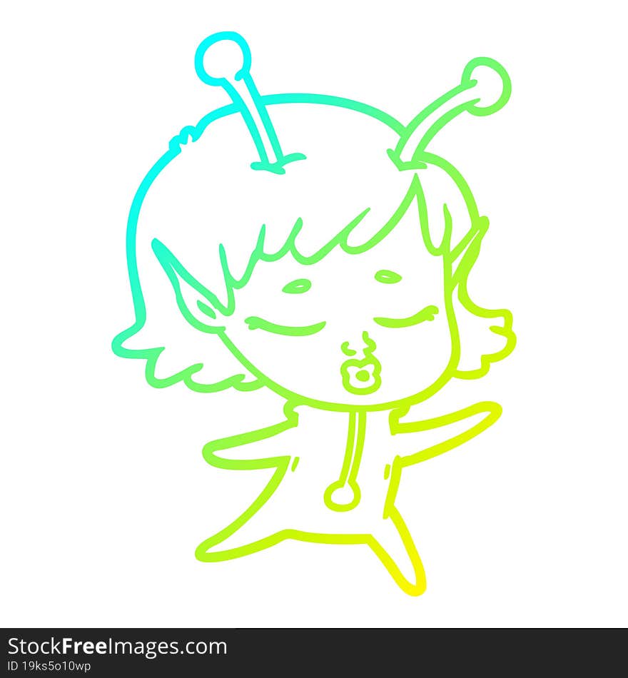 cold gradient line drawing of a cartoon alien girl