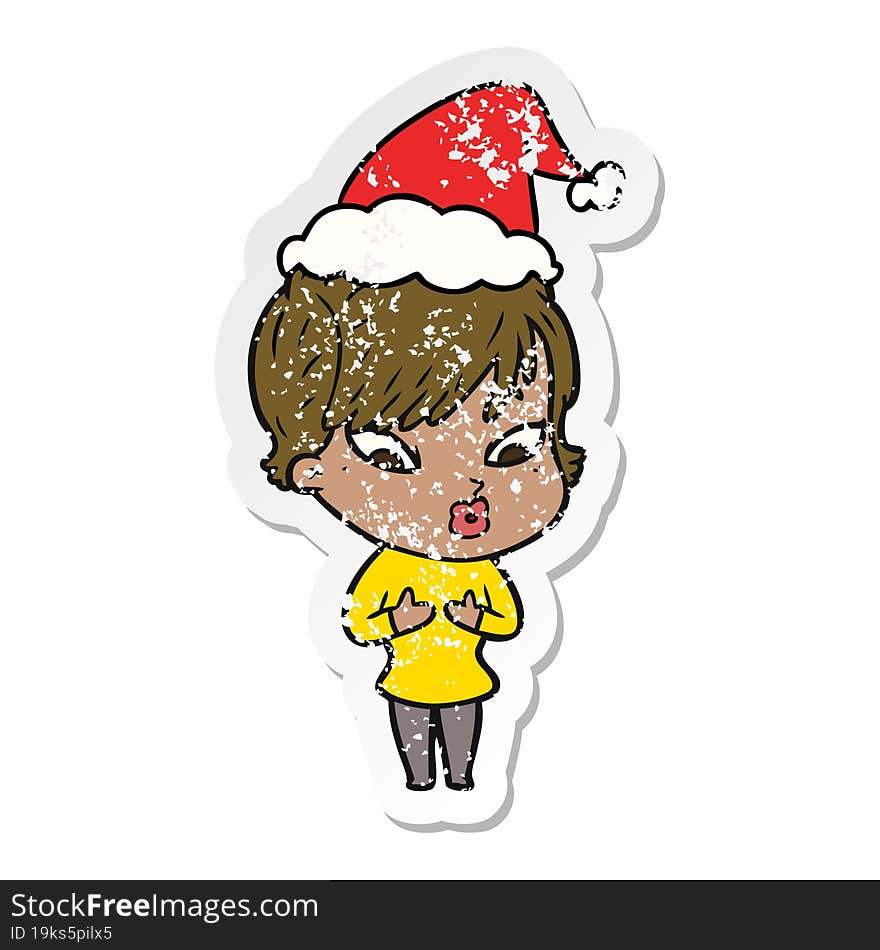 Distressed Sticker Cartoon Of A Woman Wearing Santa Hat