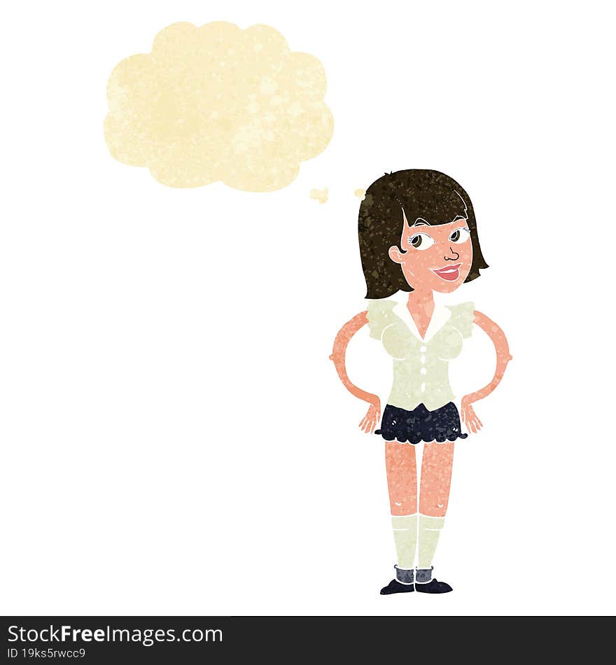 cartoon woman with hands on hips with thought bubble