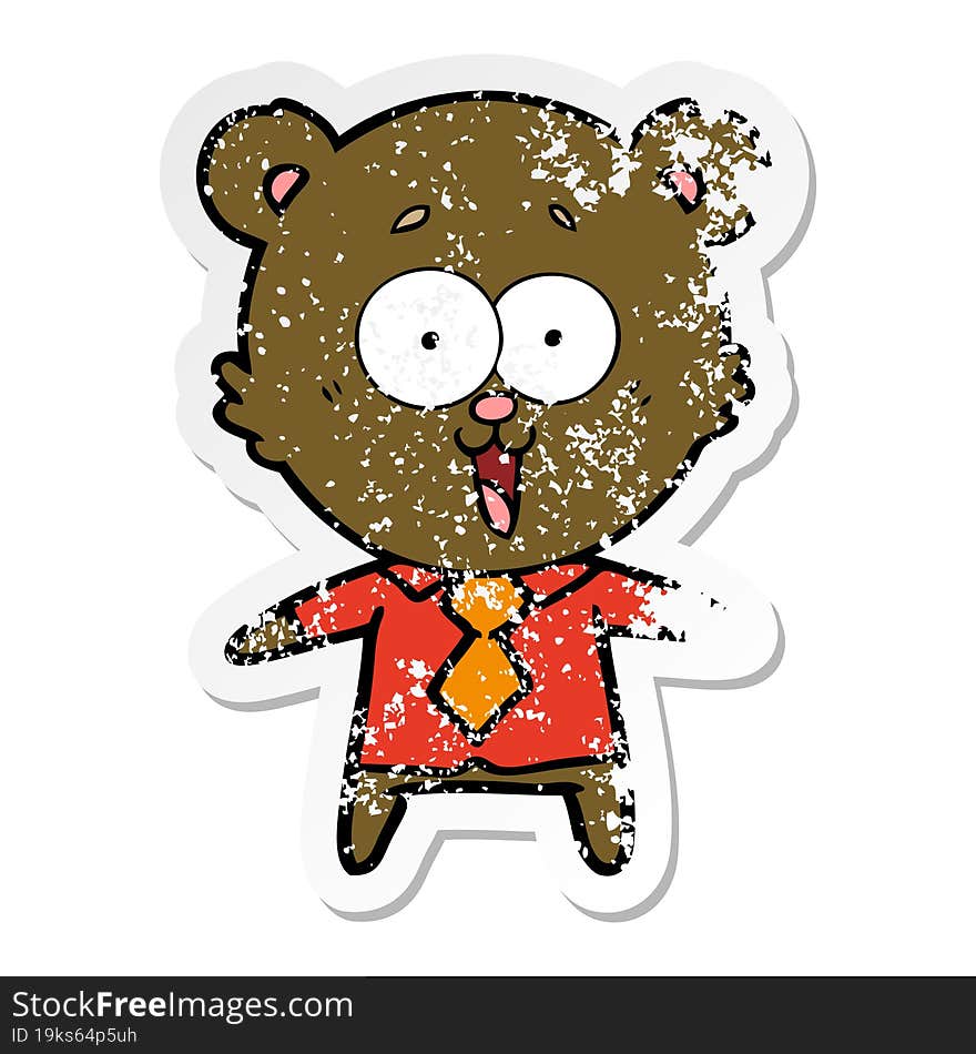 distressed sticker of a laughing teddy  bear cartoon in shirt and tie