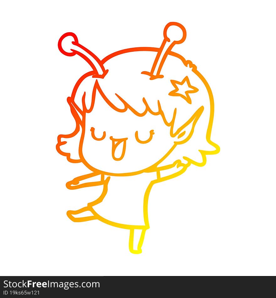 Warm Gradient Line Drawing Happy Alien Girl Cartoon