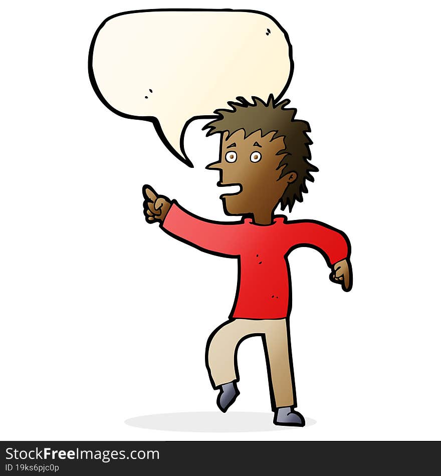 cartoon happy man pointing with speech bubble