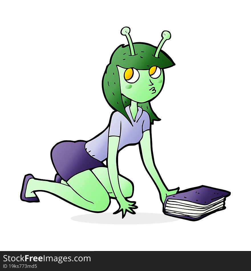 cartoon alien girl and book