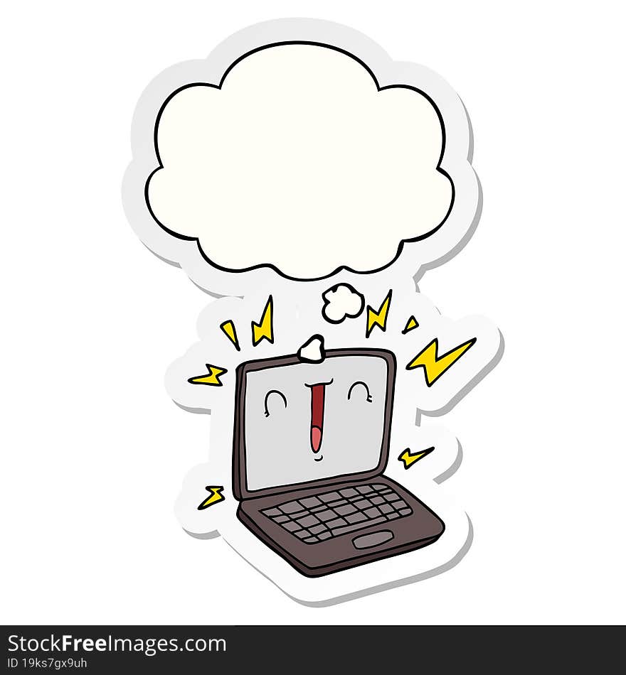 cartoon laptop computer with thought bubble as a printed sticker