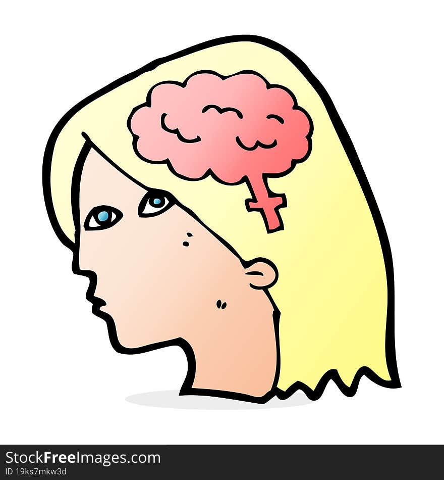 cartoon female head with brain symbol