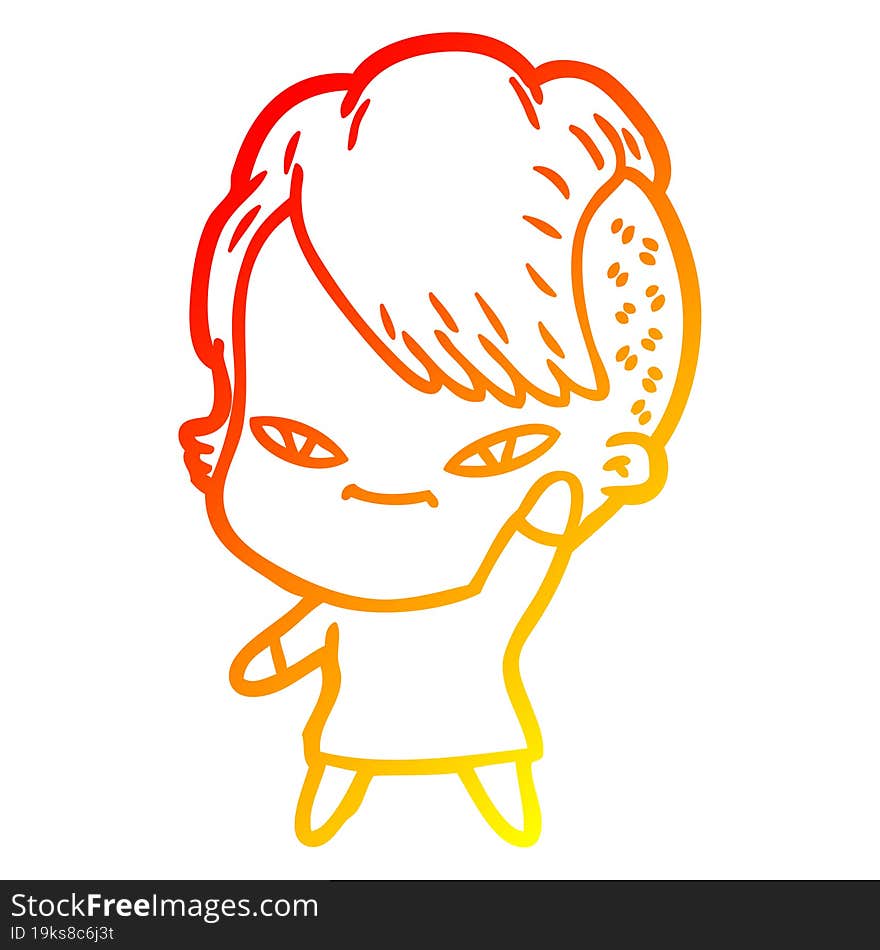 Warm Gradient Line Drawing Cute Cartoon Girl With Hipster Haircut