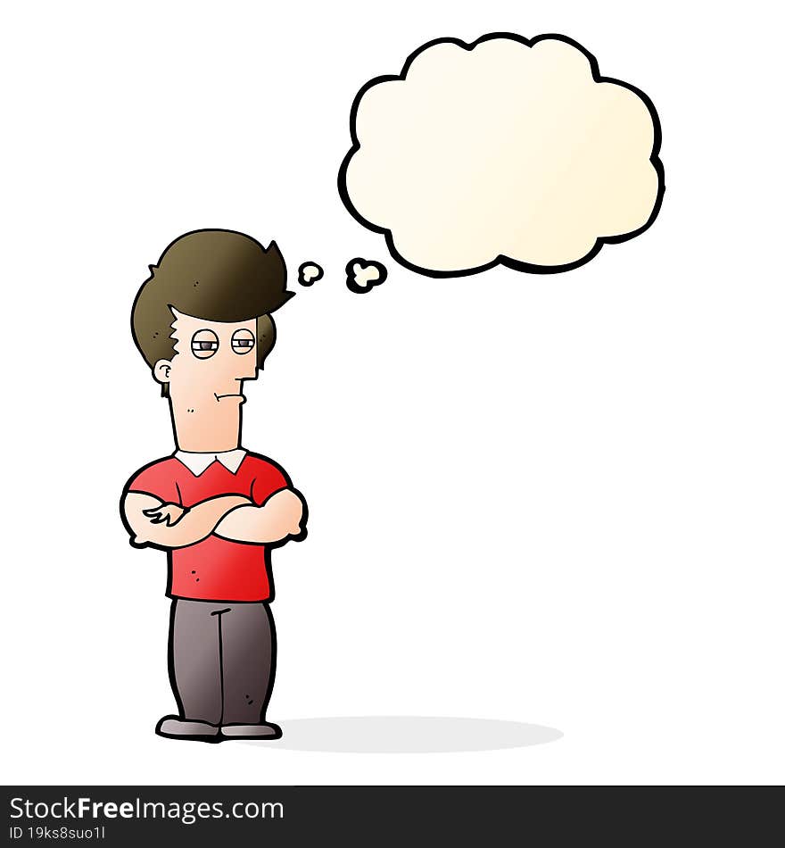 cartoon man with folded arms with thought bubble