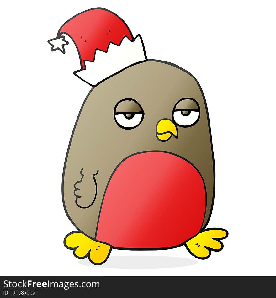 Cartoon Christmas Robin Wearing Santa Hat