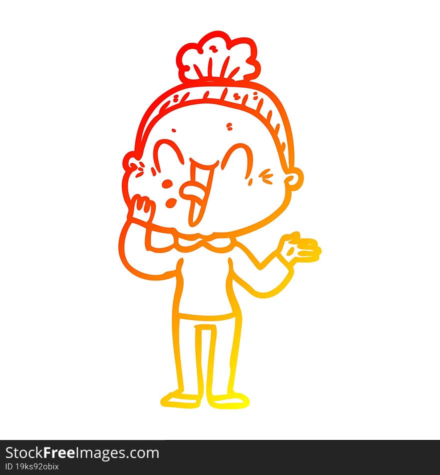 warm gradient line drawing of a cartoon happy old woman