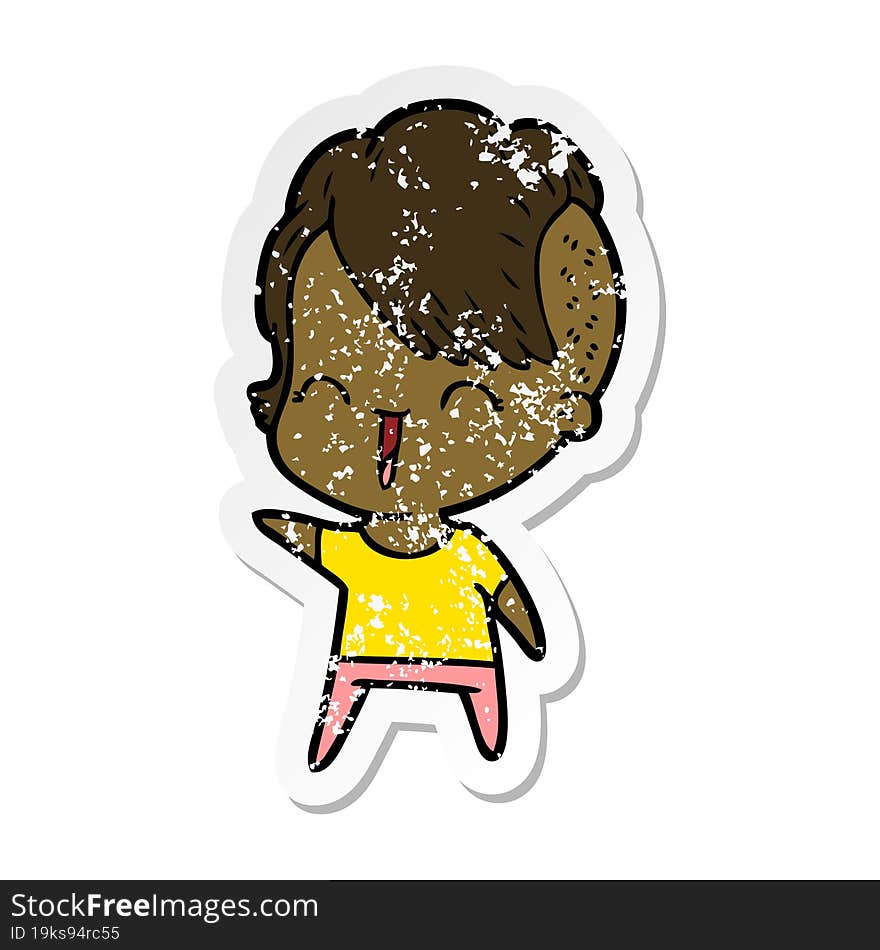 distressed sticker of a cartoon happy hipster girl