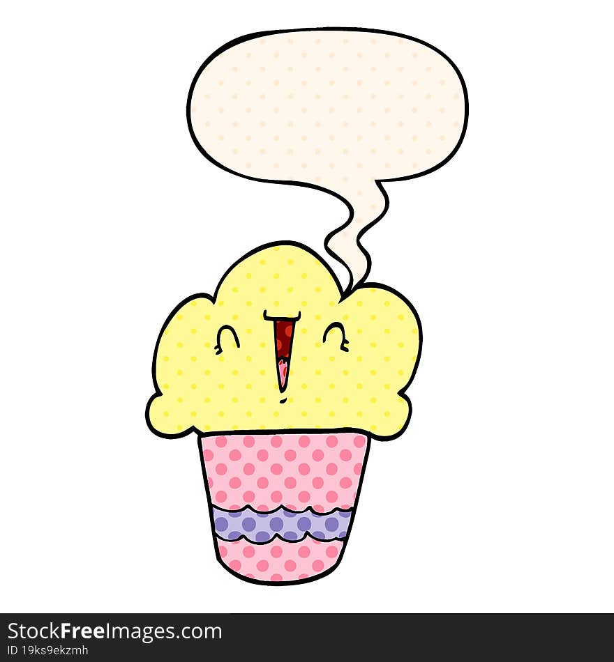 cartoon cupcake and face and speech bubble in comic book style