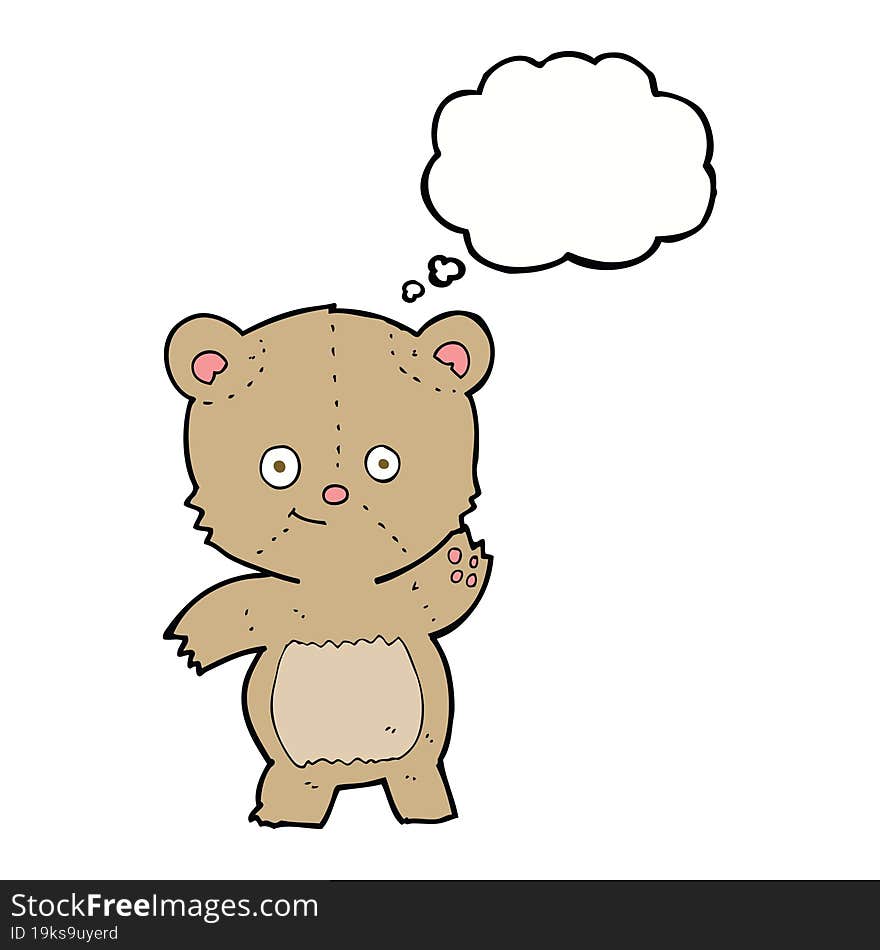 cartoon waving teddy bear with thought bubble