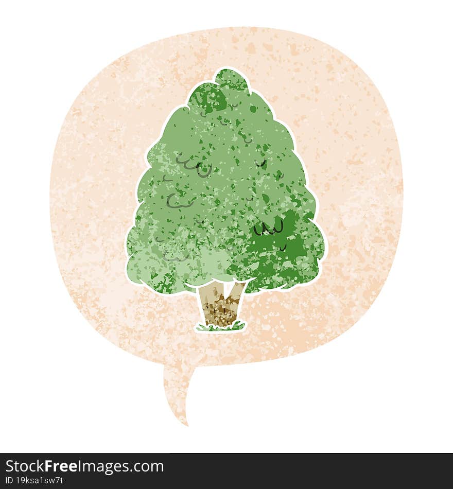 Cartoon Tall Tree And Speech Bubble In Retro Textured Style