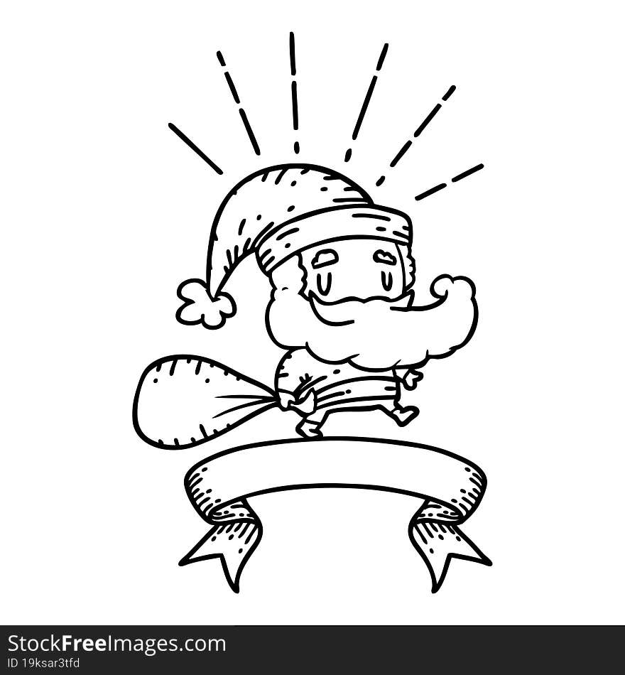 scroll banner with black line work tattoo style santa claus christmas character with sack