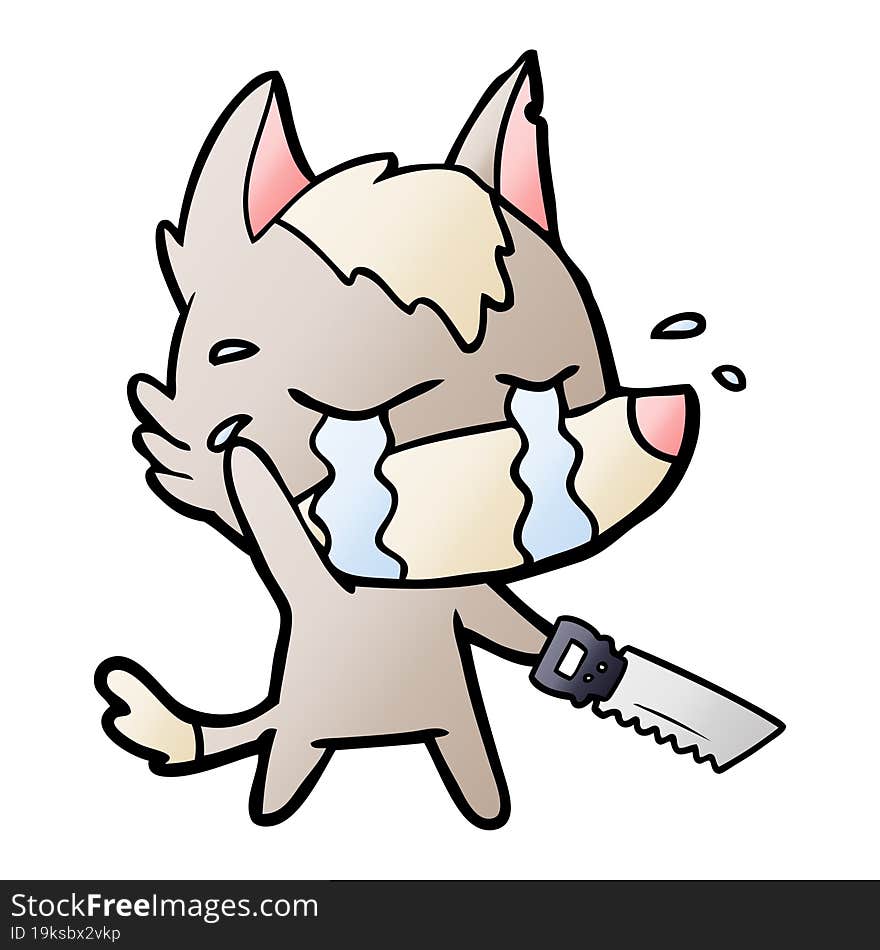 cartoon crying wolf with saw. cartoon crying wolf with saw