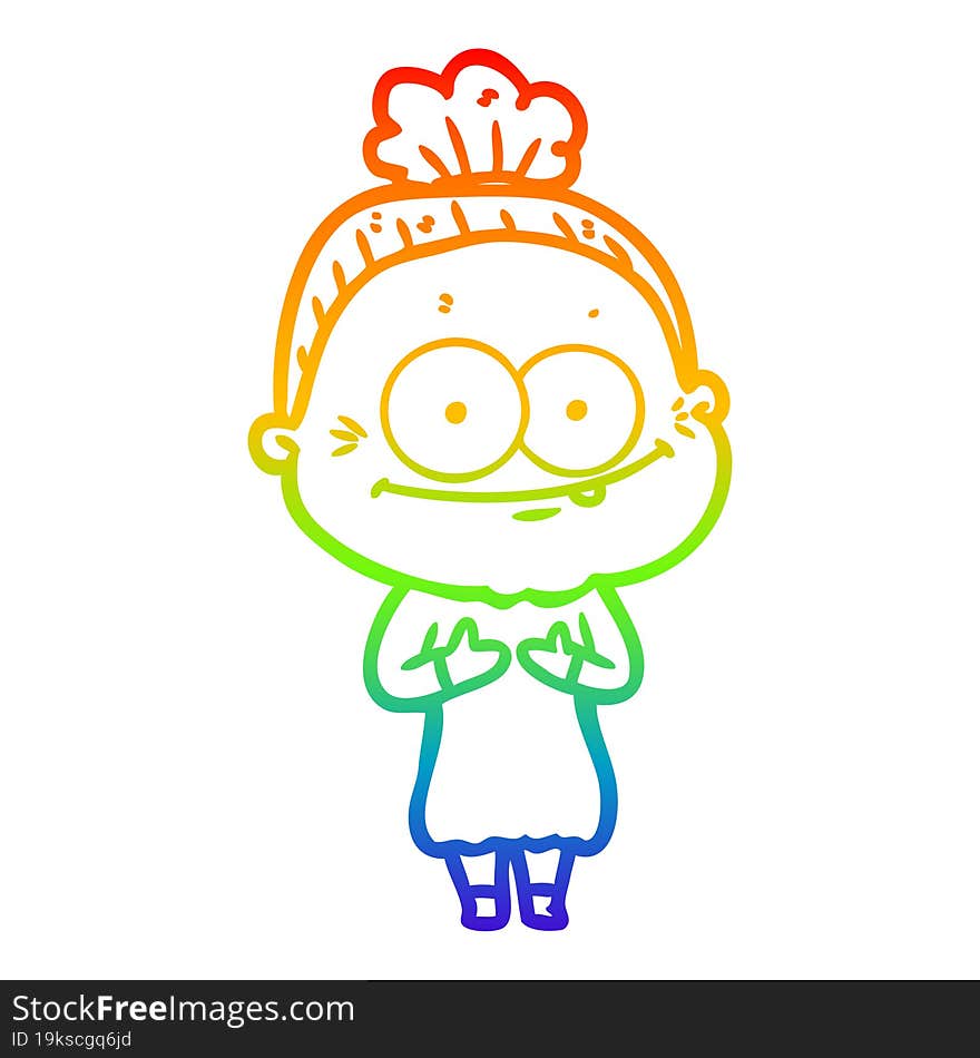 rainbow gradient line drawing of a cartoon happy old woman