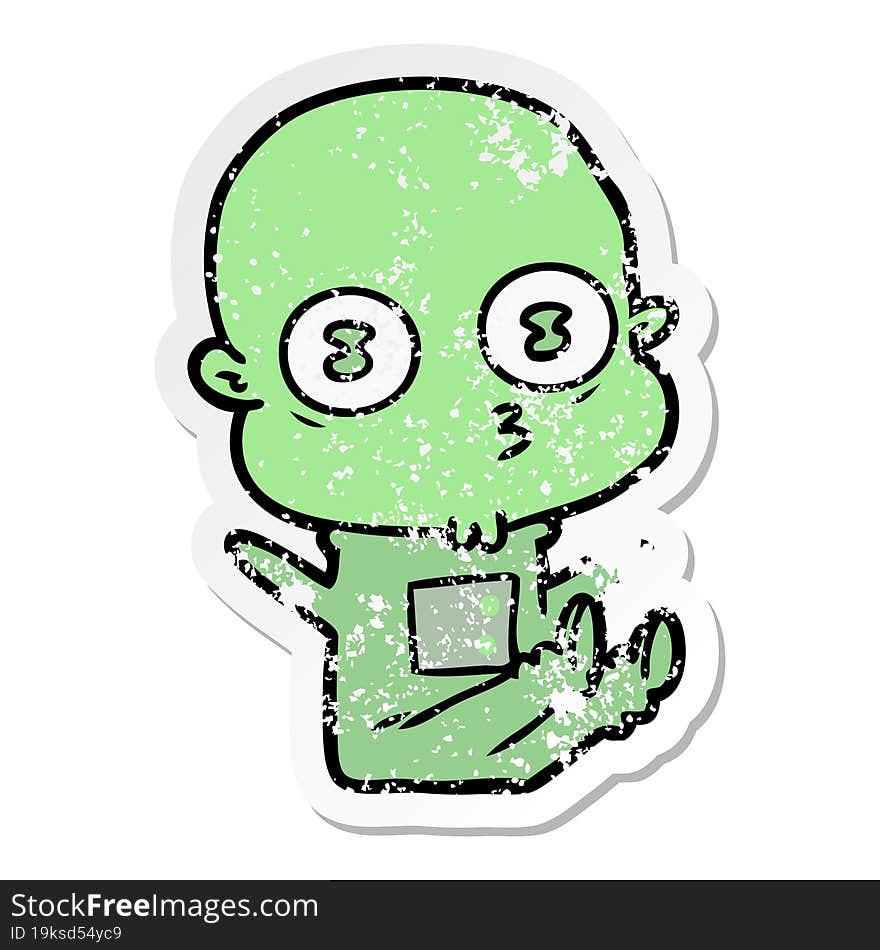 distressed sticker of a cartoon weird bald spaceman