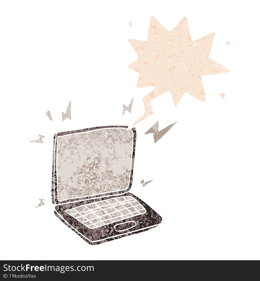 cartoon laptop computer with speech bubble in grunge distressed retro textured style. cartoon laptop computer with speech bubble in grunge distressed retro textured style