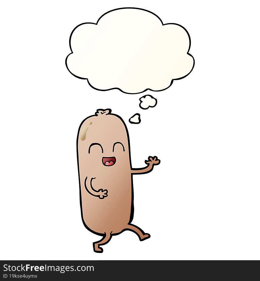 cartoon dancing sausage and thought bubble in smooth gradient style