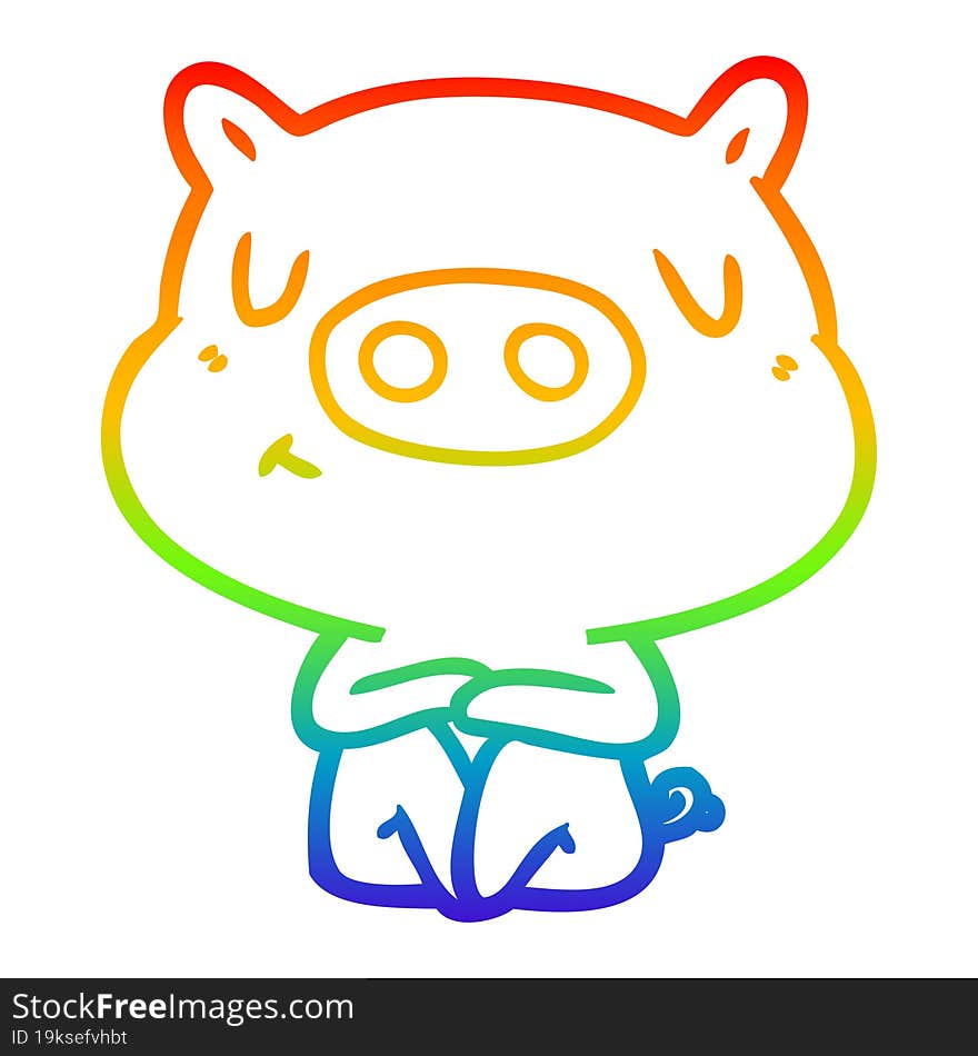 rainbow gradient line drawing of a cartoon content pig meditating