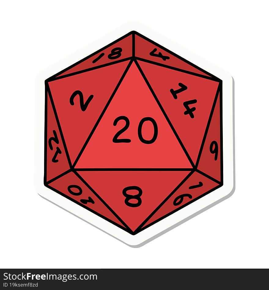 sticker of tattoo in traditional style of a d20 dice. sticker of tattoo in traditional style of a d20 dice