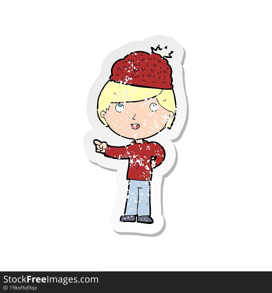 retro distressed sticker of a cartoon man wearing winter hat