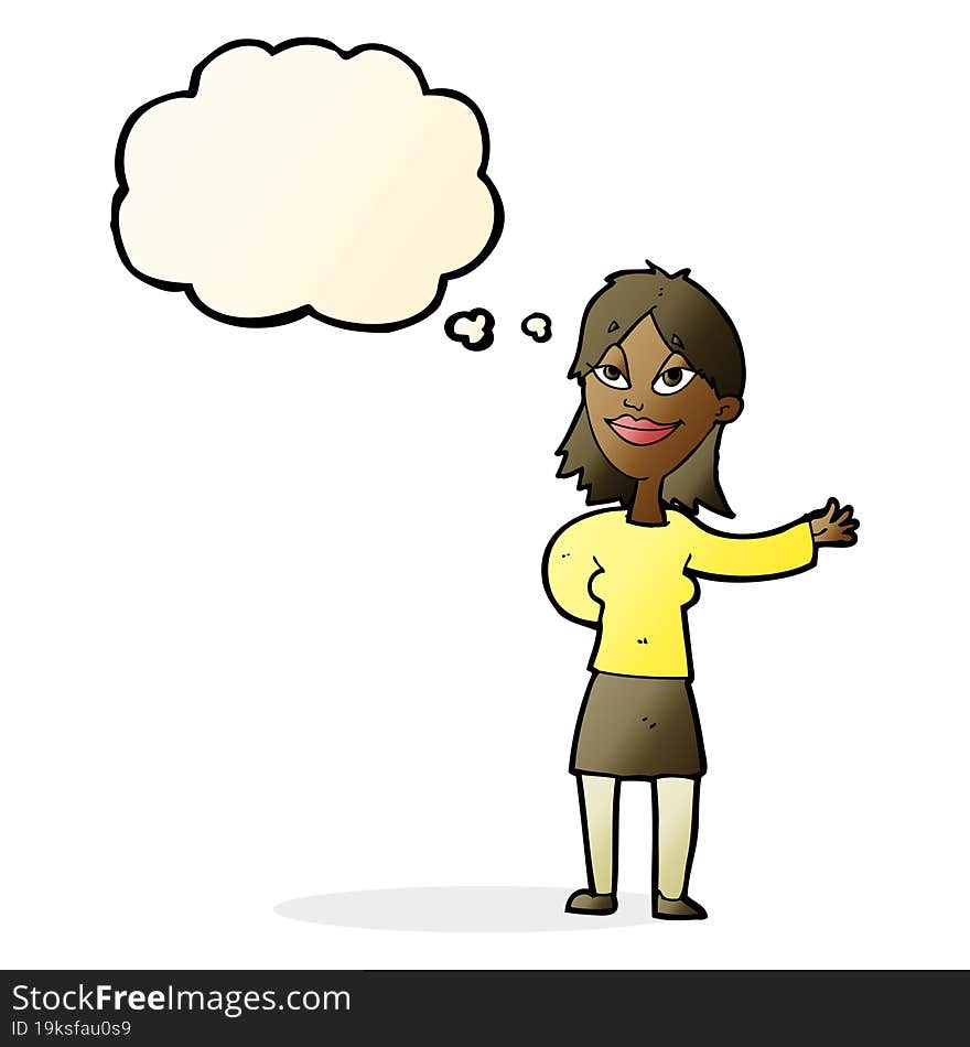 cartoon woman gesturing to show something with thought bubble