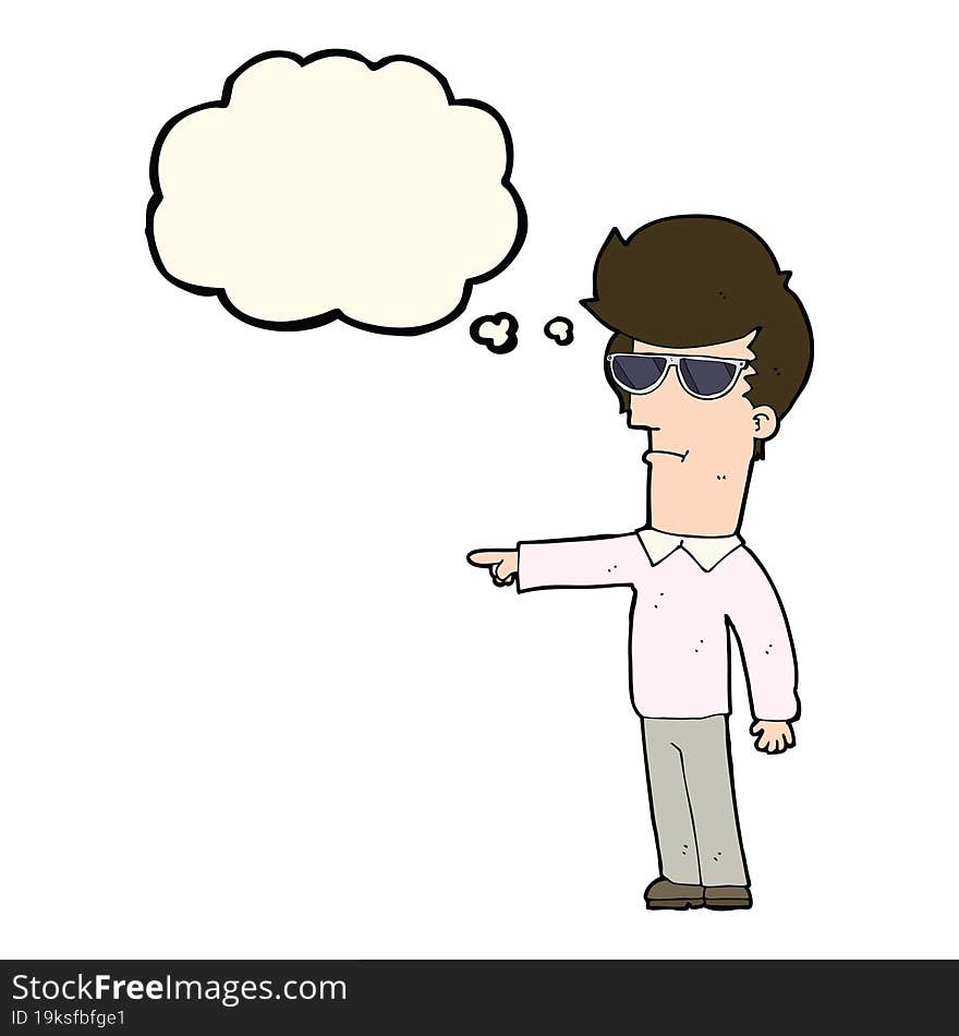 cartoon man in glasses pointing with thought bubble