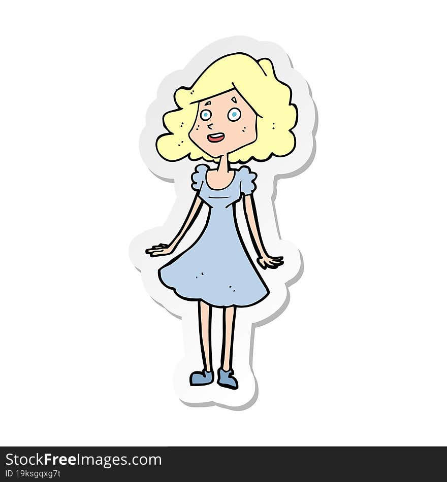 sticker of a cartoon happy woman in dress