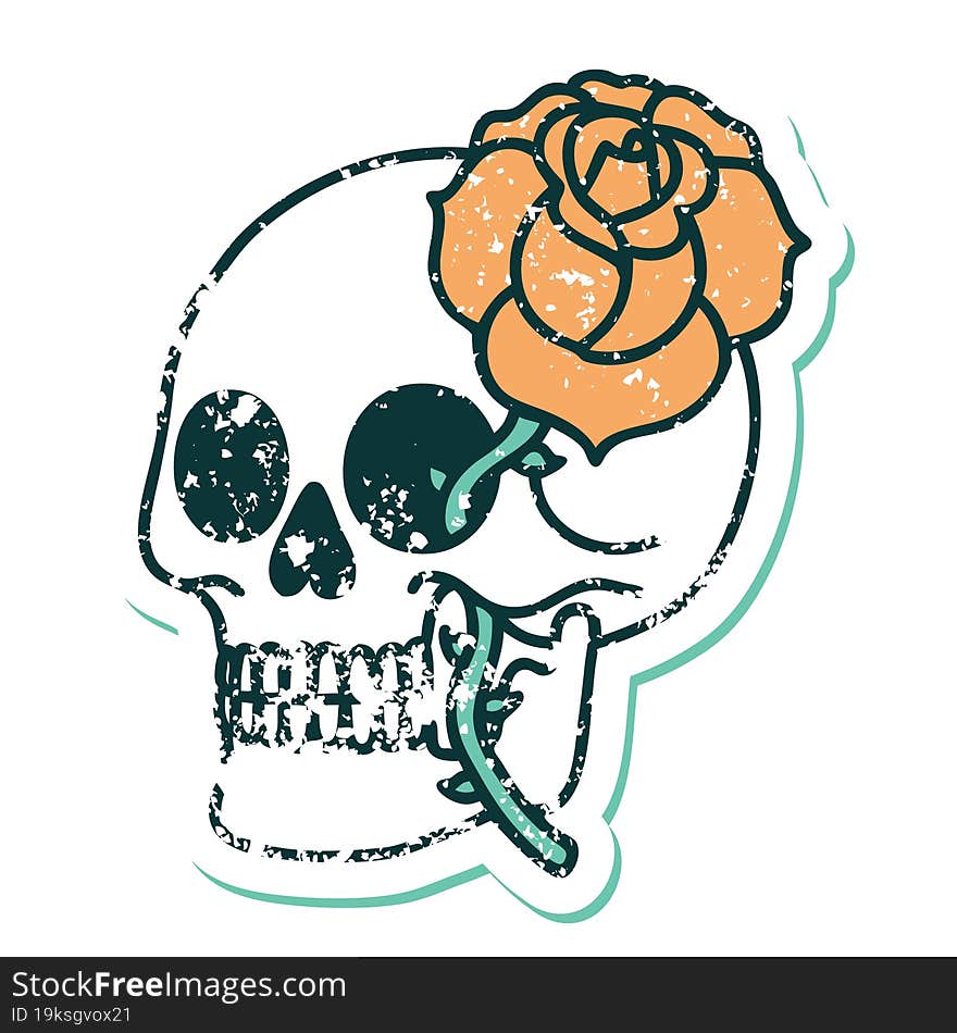 distressed sticker tattoo style icon of a skull and rose