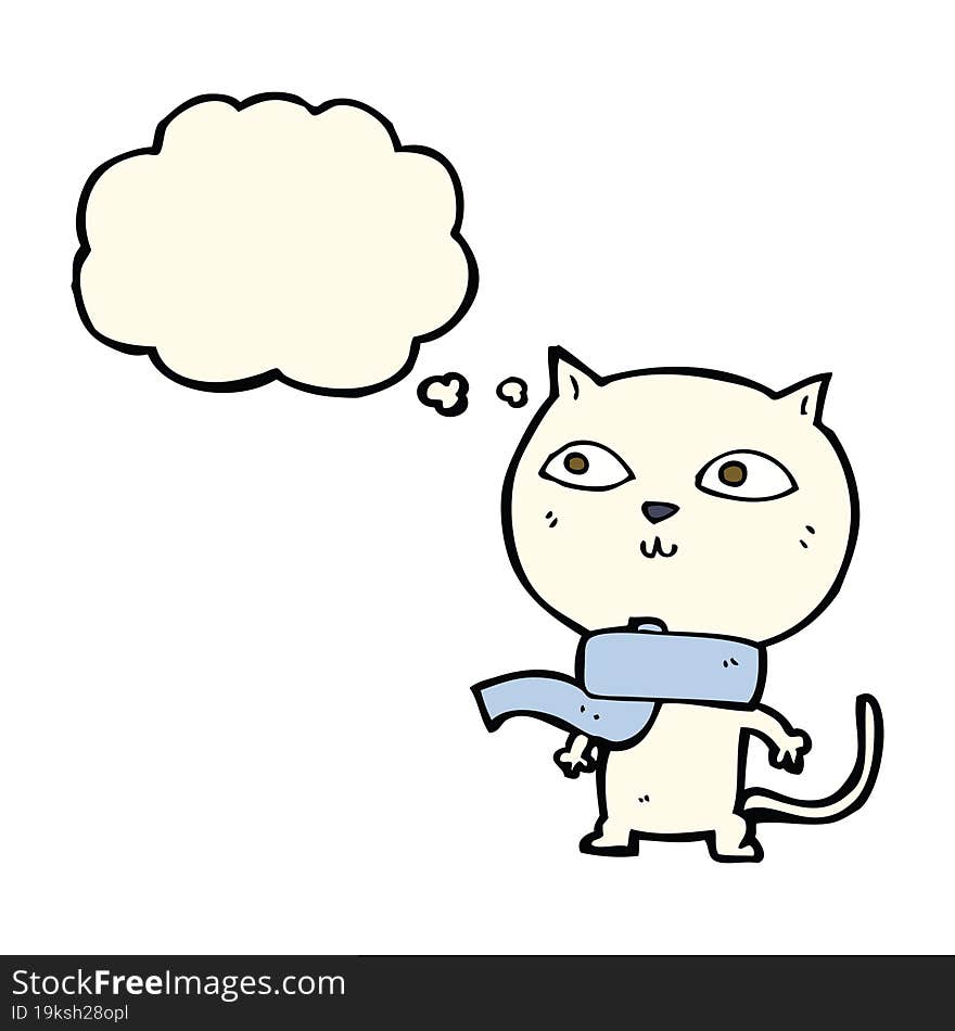 Cartoon Funny Cat Wearing Scarf With Thought Bubble