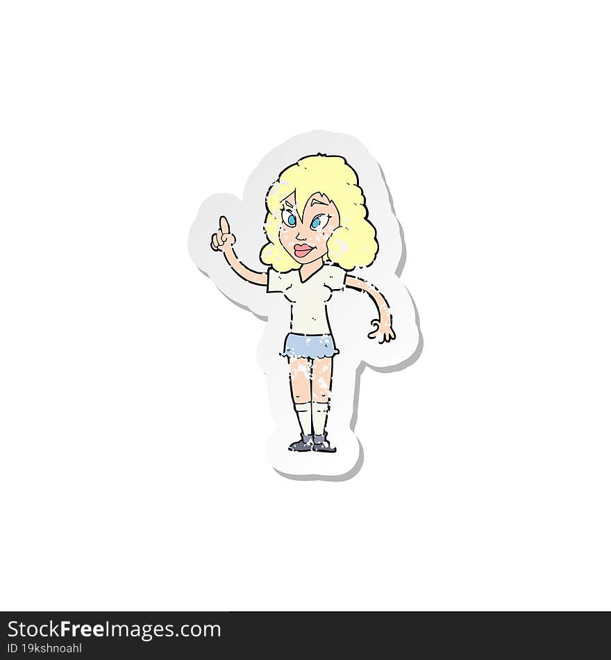 retro distressed sticker of a cartoon pretty woman with idea