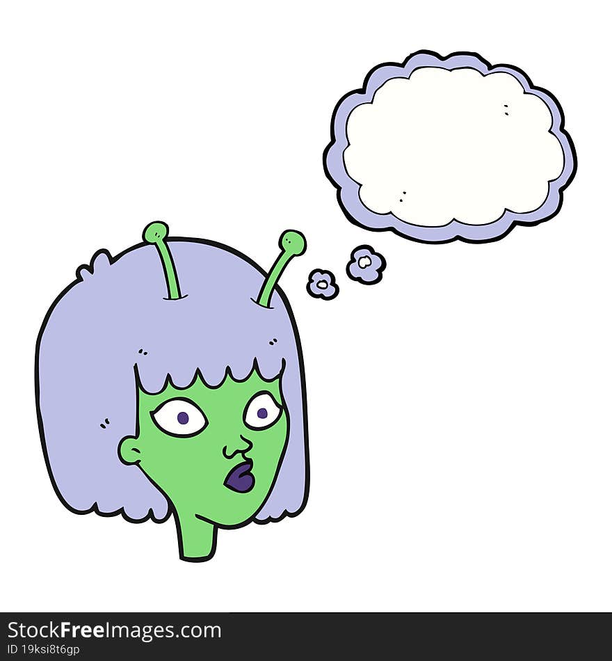 freehand drawn thought bubble cartoon female alien