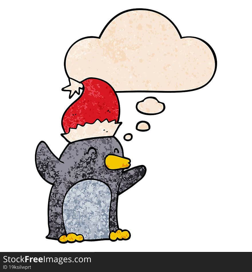 cute cartoon christmas penguin and thought bubble in grunge texture pattern style