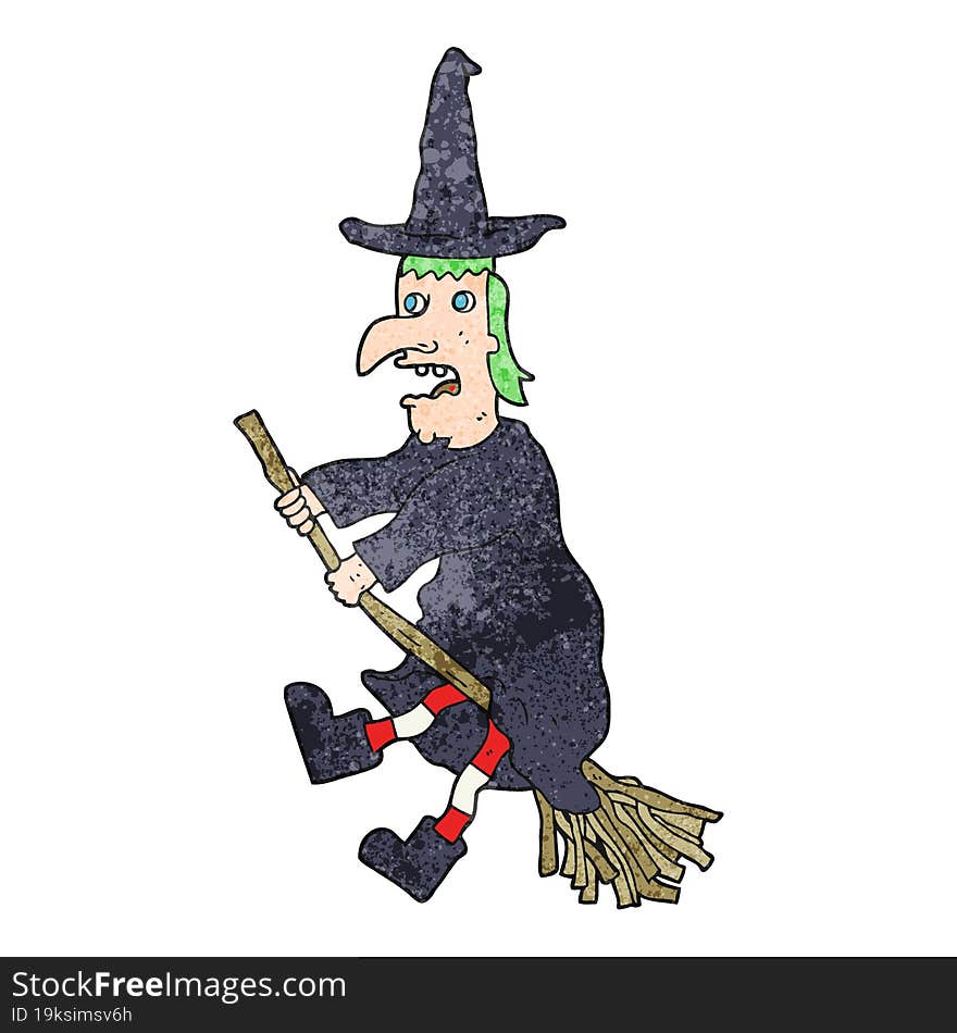 textured cartoon witch flying on broom