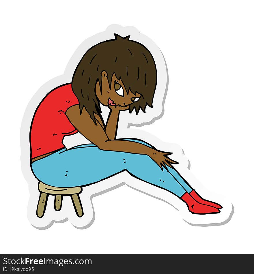 sticker of a cartoon woman sitting on small stool