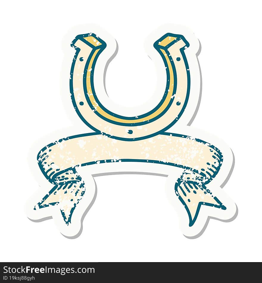 grunge sticker with banner of a horse shoe